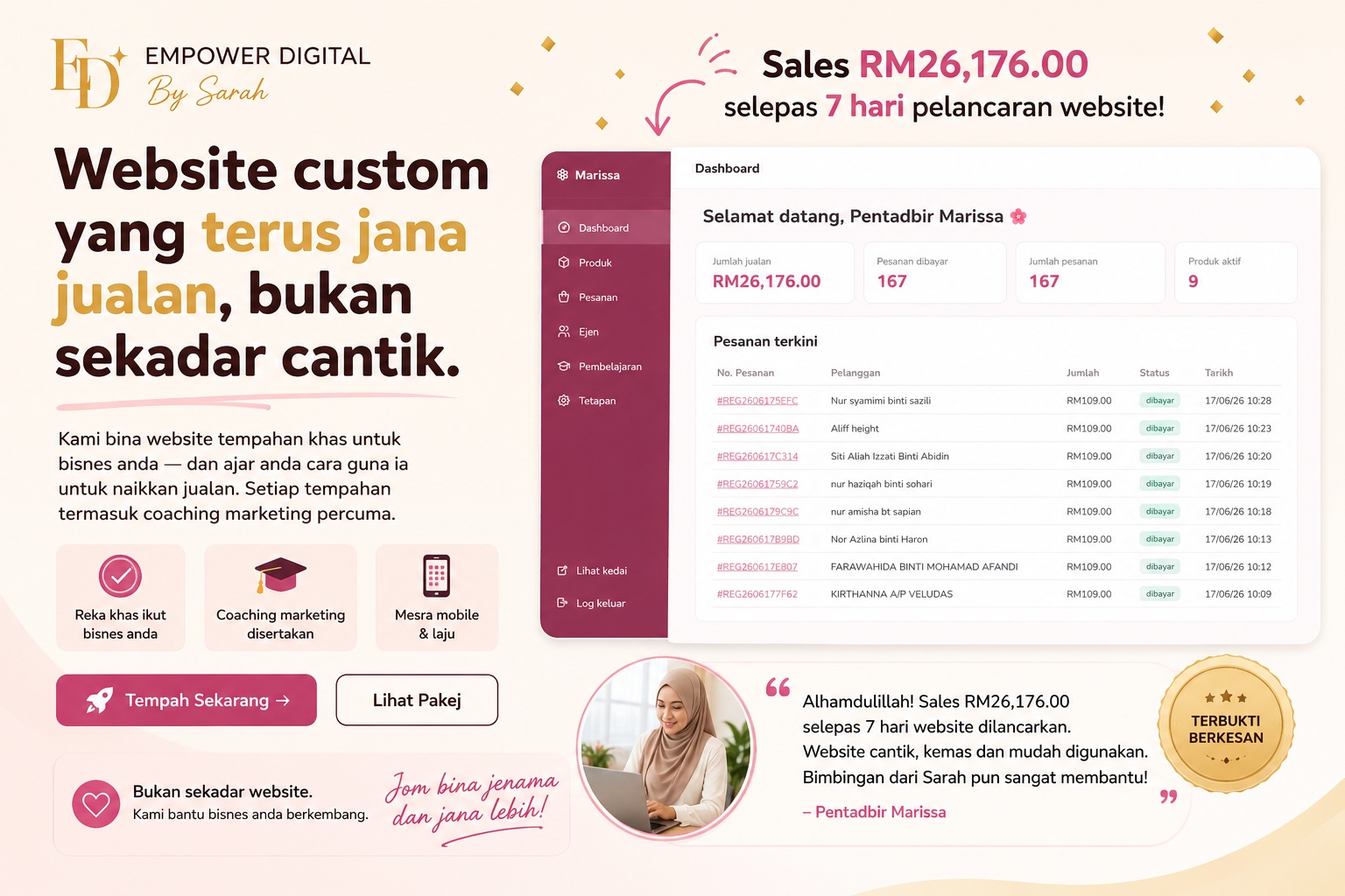 Testimoni Marissa Produk — Sales RM26,176 dalam 7 hari selepas pelancaran website